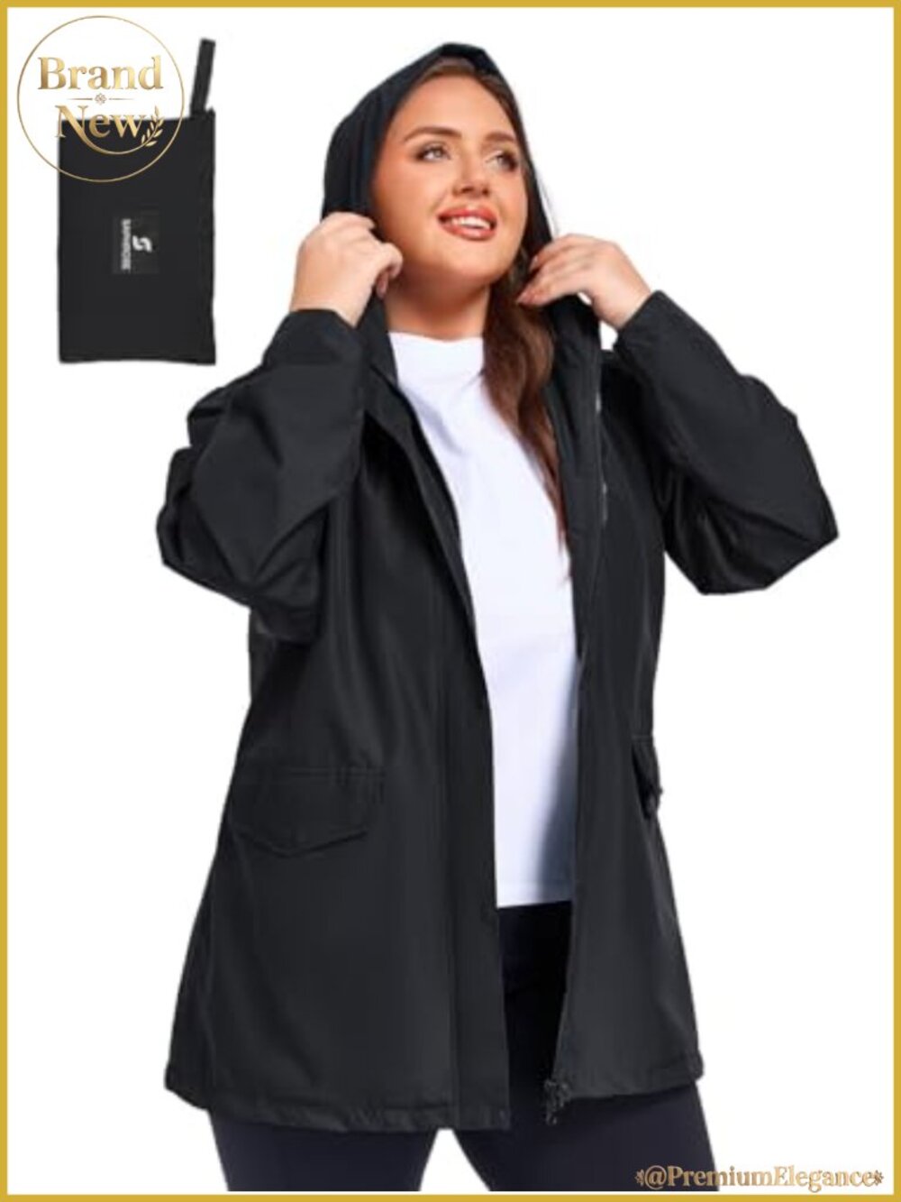 Plus Size Packable Waterproof Rain Jacket Mesh Lined Hooded Outdoor